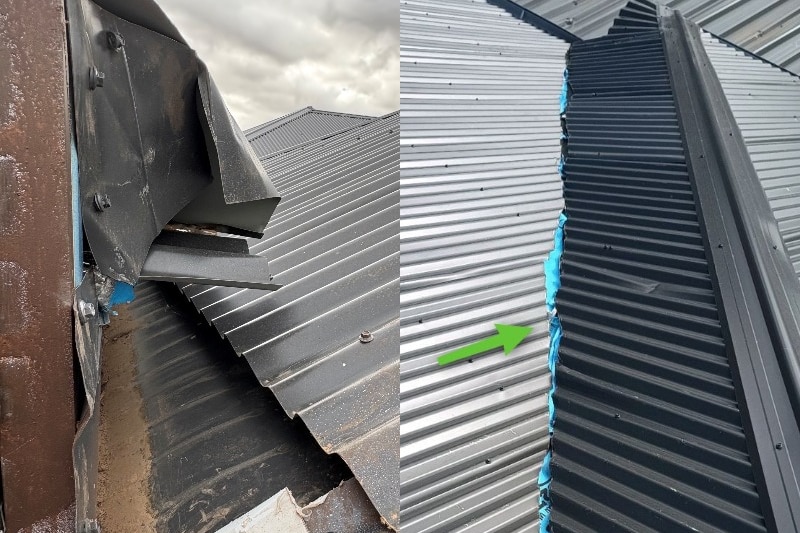 A composite image showing gaps between iron in a roof and gutter