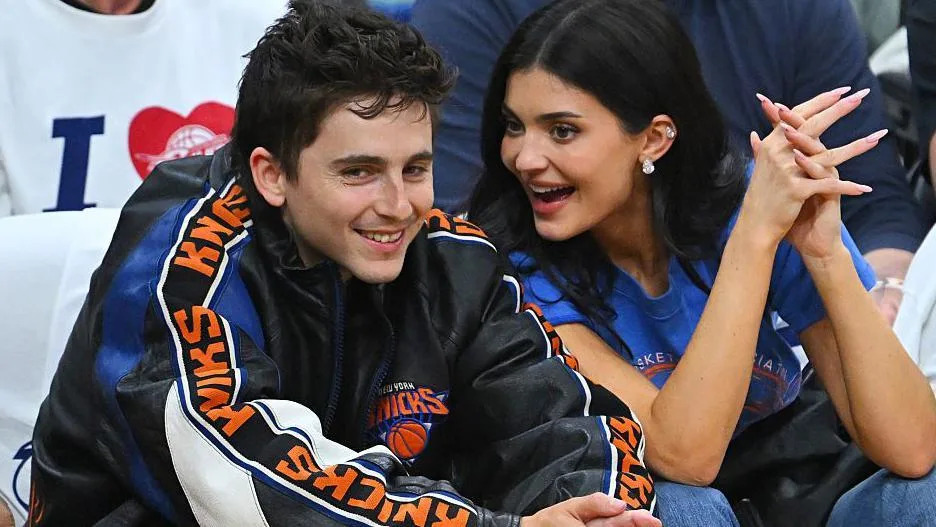 Actor Timothée Chalamet and Kylie Jenner watching Game Four of the NBA Eastern Conference Finals between the Cleveland Cavaliers and the New York Knicks at Rocket Arena on 25 May, 2026 in Cleveland, Ohio
