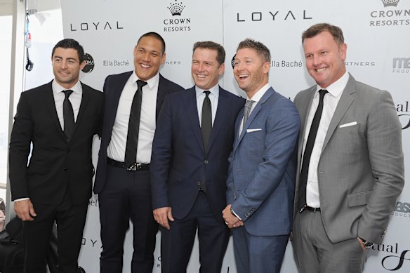 Maaates: Karl Stefanovic, centre, with business partner Anthony Bell (far right) in 2015. Also pictured are rugby league player Anthony Minichiello, swimmer Geoff Huegill, and former cricketer Michael Clarke.