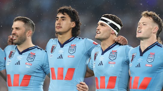Proud Blue: Casey McLean (second from left) was impressive for the Blues on debut off the bench in the Origin opener against Queensland last month.