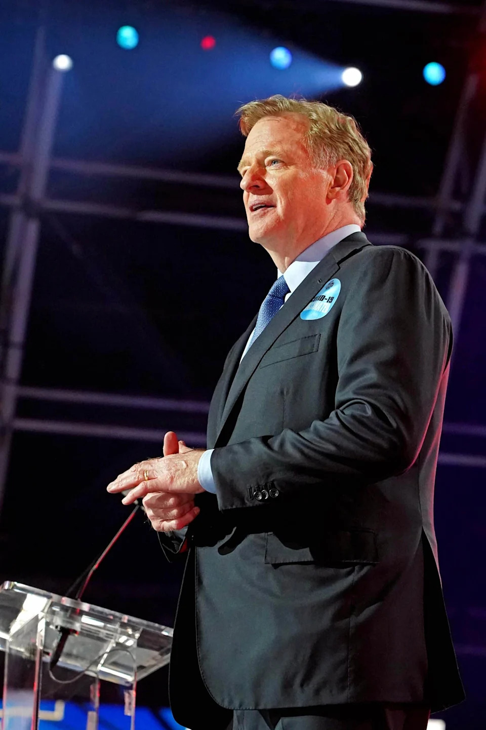 Apr 29, 2021; Cleveland, Ohio, USA; NFL commissioner Roger Goodell on stage during the 2021 NFL Draft at First Energy Stadium. Mandatory Credit: Kirby Lee-Imagn Images