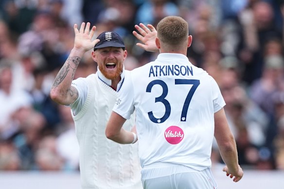 Ben Stokes celebrates a wicket with Gus Atkinson at Lord’s.