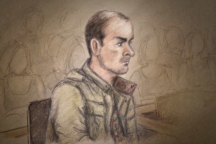 A sketch of a man sitting in court looking straight