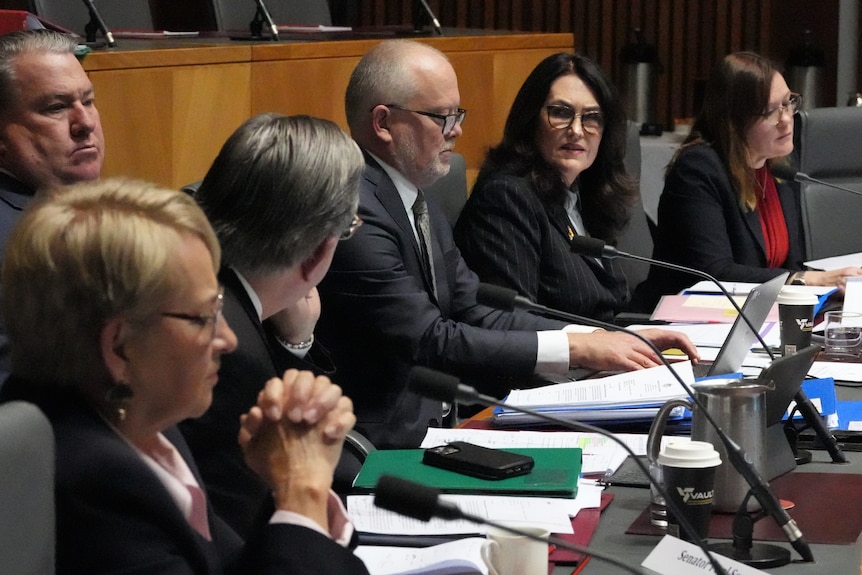 Men and women in dark formal wear sit at a long table in a parliamentary chamber.