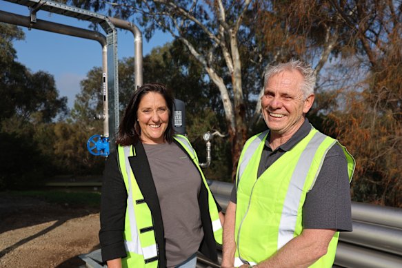 Barwon Asset Solutions head of business development Suzanne McConchie and Applied Energy director Nick Meeten, pictured with the operational technology on Barwon Asset Solution’s site at Breakwater, in Geelong’s south.