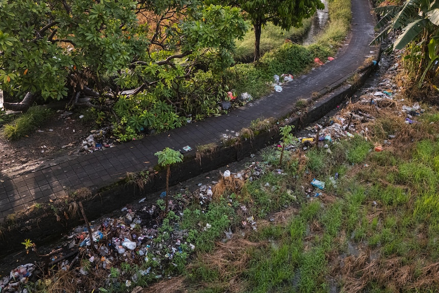 A pile of rubbish near a road in Bali's Denpasar.