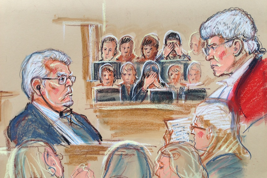 Illustration of Rolf Harris in court, a judge in a wig looking down at him, people in the crowd have their face in their hands.