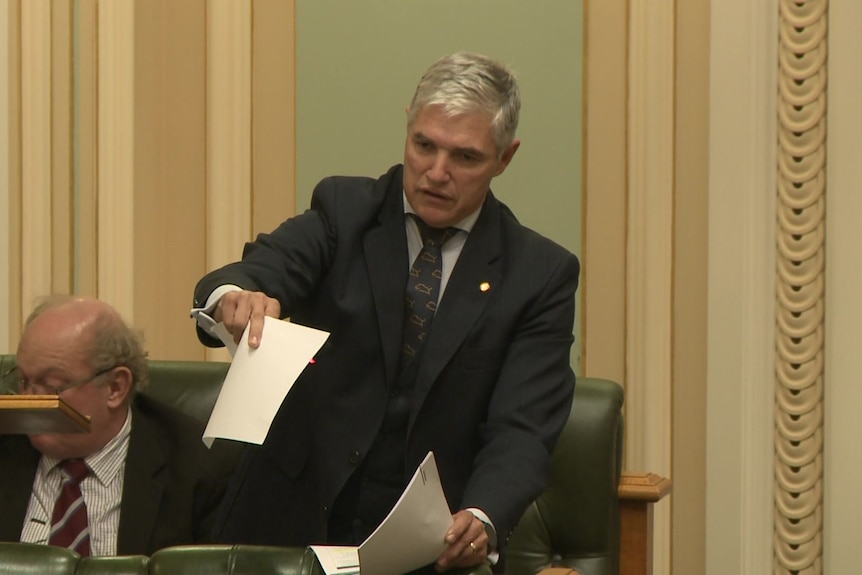 A man with grey hair in a suit speaking in Queensland parliament.
