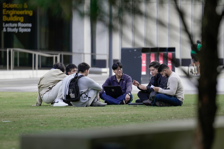 Students sitting on the lawn at a university.