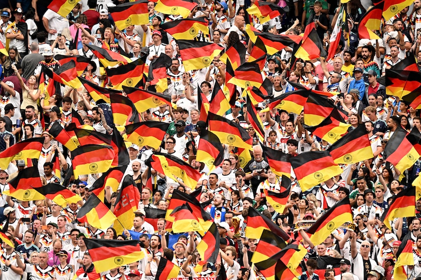 a packed growd in a stadium waving german flags