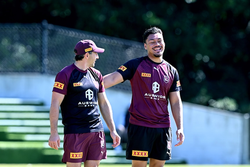 Billy Slater and Jeremiah Nanai at Queensland Maroons training.