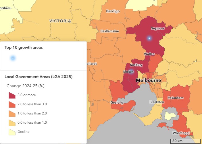 Map of Greater Melbourne with council areas shaded in red, orange and yellow.