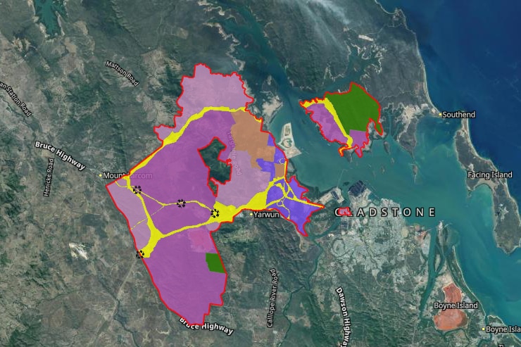 A map of Gladstone and the harbour with different areas highlighted different colours