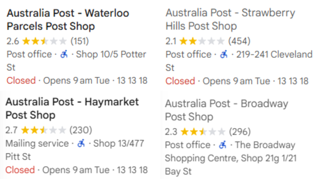 Reviews for multiple Australia Post branches on Google Maps.