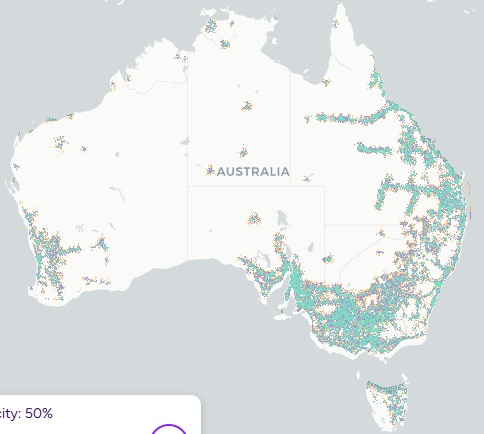 Map of Australia showing TPG 4G coverage primarily in coastal areas and the south east corner
