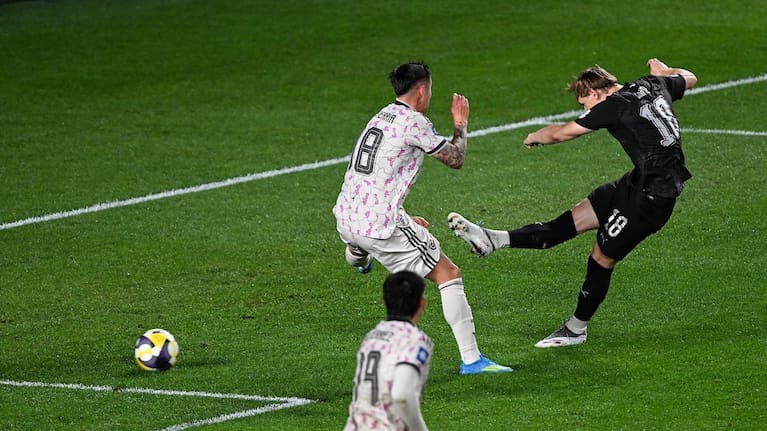 Ben Waine of New Zealand takes a shot at goal, New Zealand All Whites v Chile, FIFA series men’s international football match at Eden Park, Auckland, New Zealand on Monday 30 March 2026.
