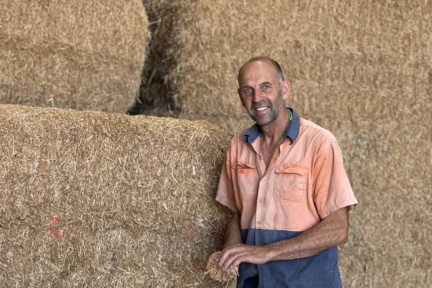 A man in a high vis shirt stands next to hay bales 