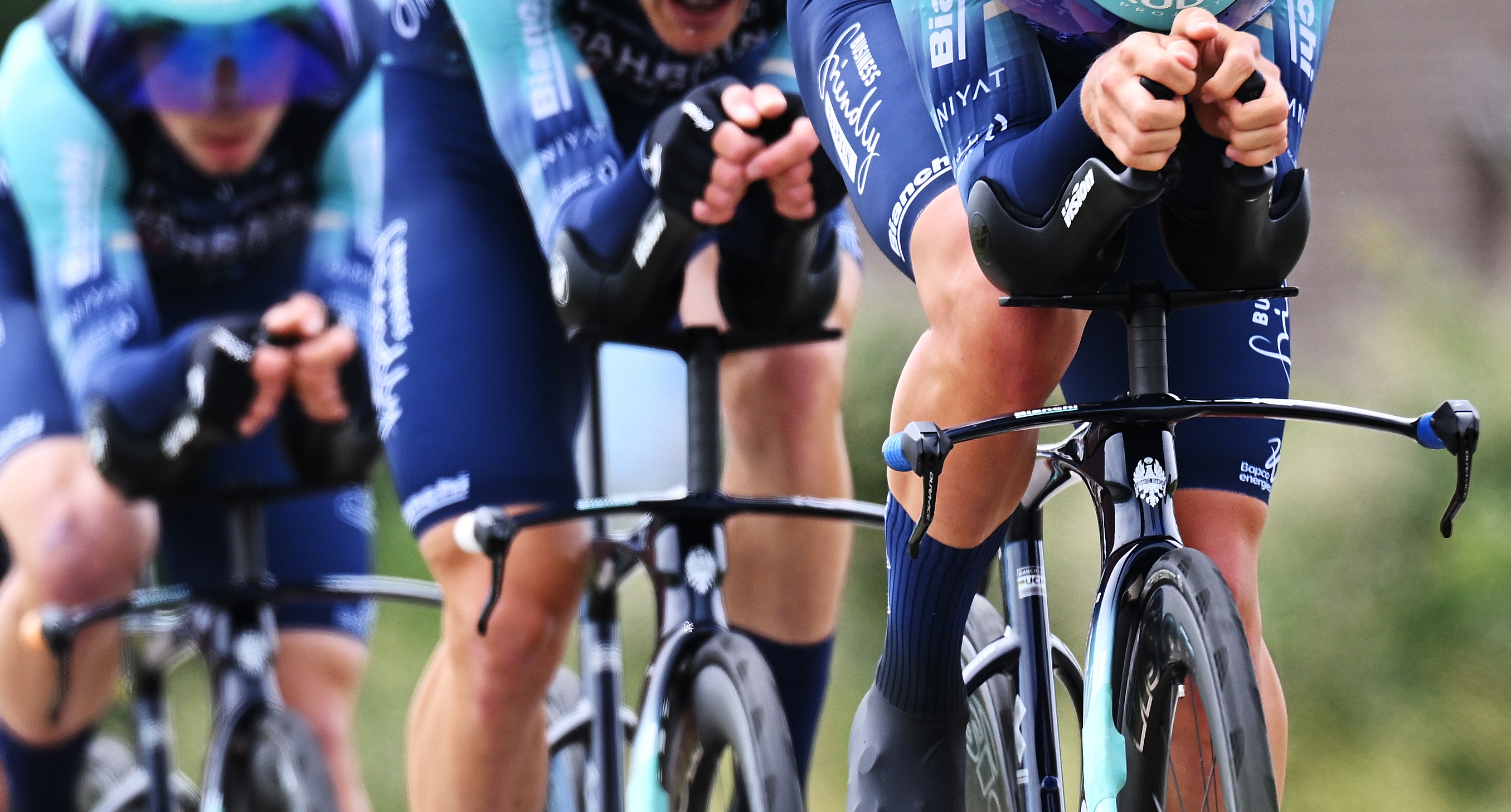 PERREUX, FRANCE - JUNE 09: A general view of Pello Bilbao of Spain, Nikias Arndt of Germany, Phil Bauhaus of Germany, Santiago Buitrago of Colombia, Matevz Govekar of Slovenia, Matej Mohoric of Slovenia, Vlad Van Mechelen of Belgium and Team Bahrain - Victorious compete during the 78th Tour Auvergne-Rhone-Alpes 2026, Stage 3 a 28.4km team time trial stage from Perreux to Perreux / #UCIWT / on June 09, 2026 in Perreux, France. (Photo by Dario Belingheri/Getty Images)