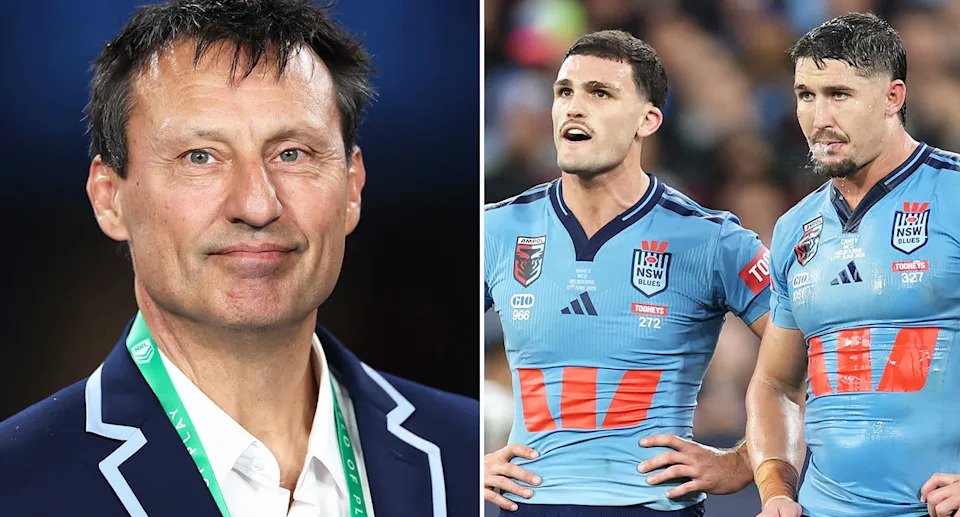 On the right is Origin star Nathan Cleary and Blues coach Laurie Daley on left.