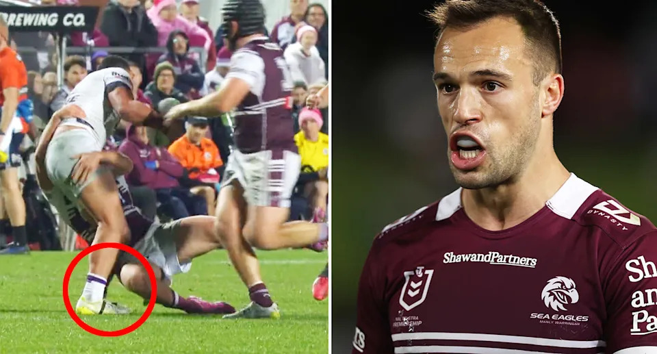 Luke Brooks (R) suffered a suspected season-ending ACL injury in Manly's win over the Storm, while teammate Joey Walsh was placed put on report for a hip-drop style tackle (L). Pic: Fox League/Getty