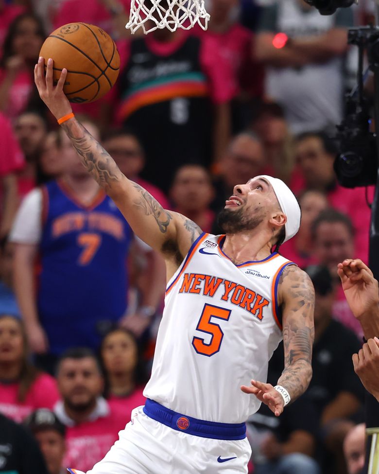 Jose Alvarado #5 of the New York Knicks goes for a layup against Victor Wembanyama #1 of the San Antonio Spurs during the second quarter in Game One of the 2026 NBA Finals at Frost Bank Center on June 3 in San Antonio, Texas.