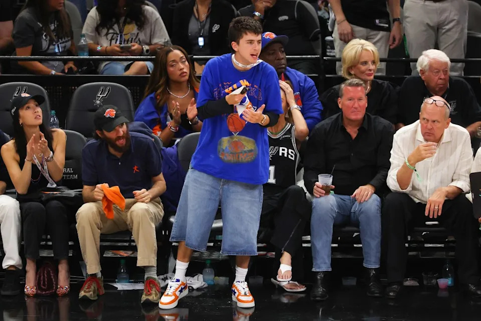 SAN ANTONIO, TEXAS – JUNE 13: Timothée Chalamet reacts during the third quarter in Game Five of the 2026 NBA Finals between the San Antonio Spurs and the New York Knicks at Frost Bank Center on June 13, 2026 in San Antonio, Texas. (Photo by Gregory Shamus/Getty Images)