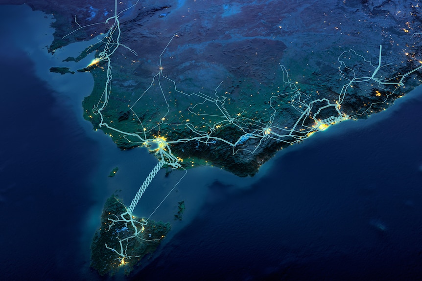 A turquoise and dark blue artists rendition of the path of underwater cables stretching from Tasmania to the mainland.