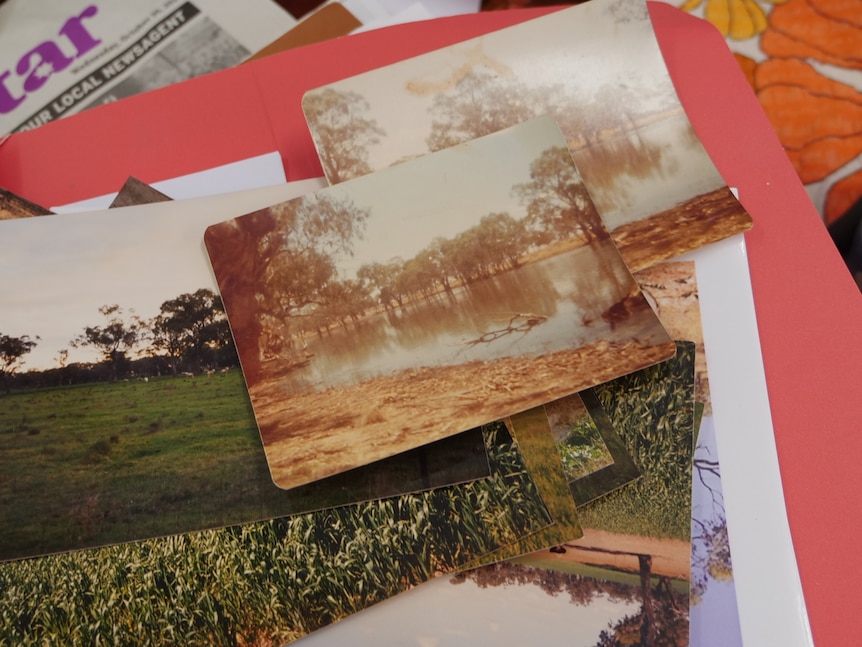 A stack of old photographs showing water in a river system and green crops.