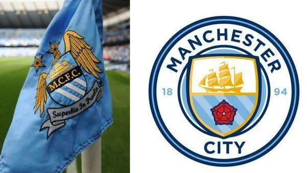 A composite image of Manchester City's football crest past and present. The old one is printed onto a light blue corner flag. It has a ship on it and the letters M.C.F.C. It has two stars above it and golden wings. The new crest is circular and spells the club's name out in full. There is a red rose and a golden ship on it.