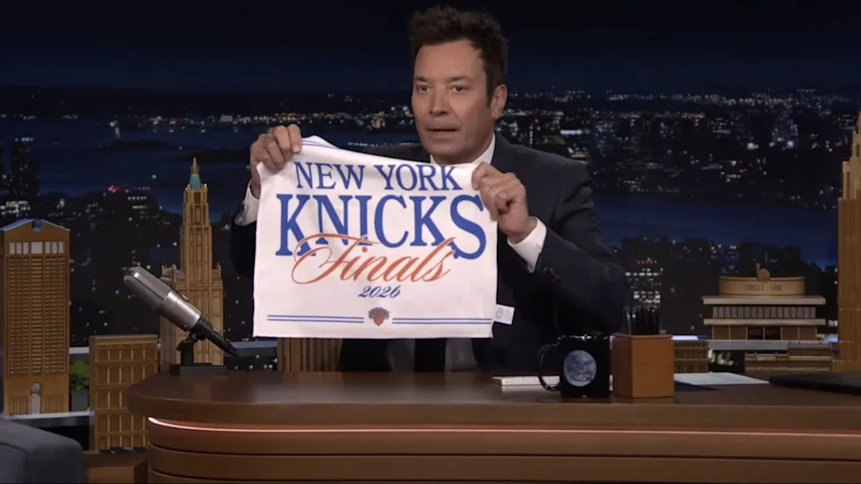 Jimmy Fallon shows off his New York Knicks banner on The Tonight Show.