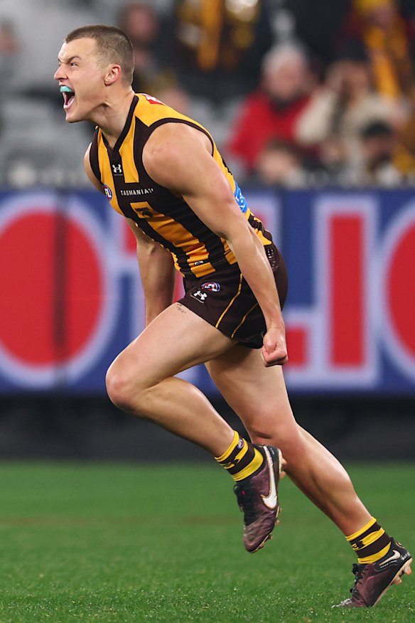 Jack Ginnivan celebrates a stirring goal.