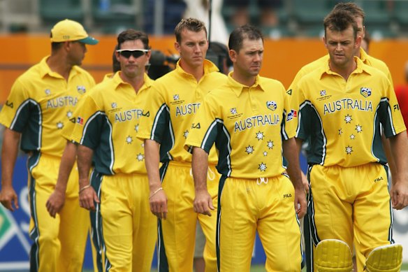 Ricky Ponting leading his team out for the semi-final of the 2003 World Cup in South Africa. Ponting would go on and make an unbeaten 140 in the final.