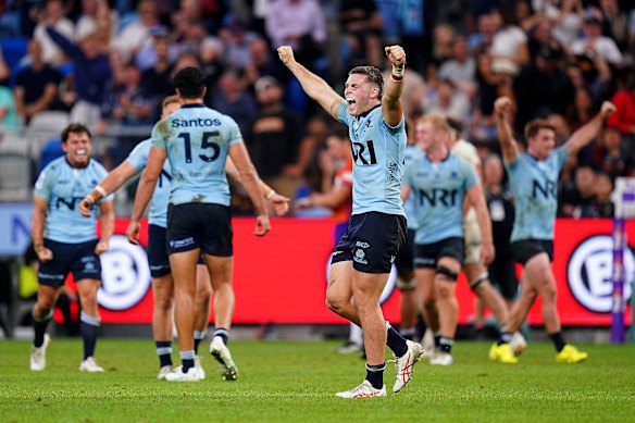 Henry O’Donnell celebrates for the Waratahs