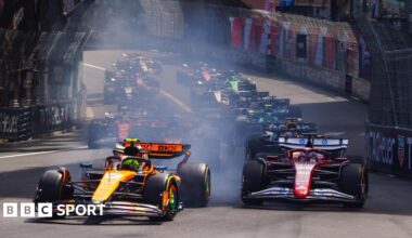 McLaren's Lando Norris leads the field into the first corner of the 2025 Monaco Grand Prix