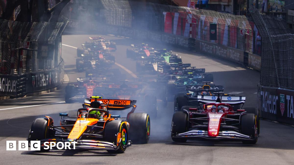 McLaren's Lando Norris leads the field into the first corner of the 2025 Monaco Grand Prix