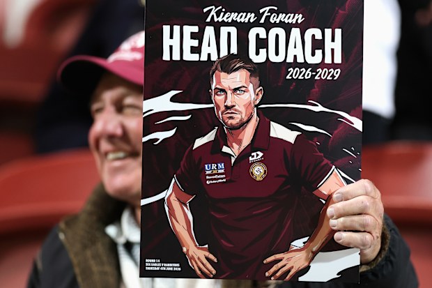A Manly fan holds up a Kieran Foran sign in the crowd at the Sea Eagles v Rabbitohs round 14 game.