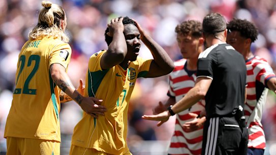 Nestory Irankunda reacts to a decision by the referee.