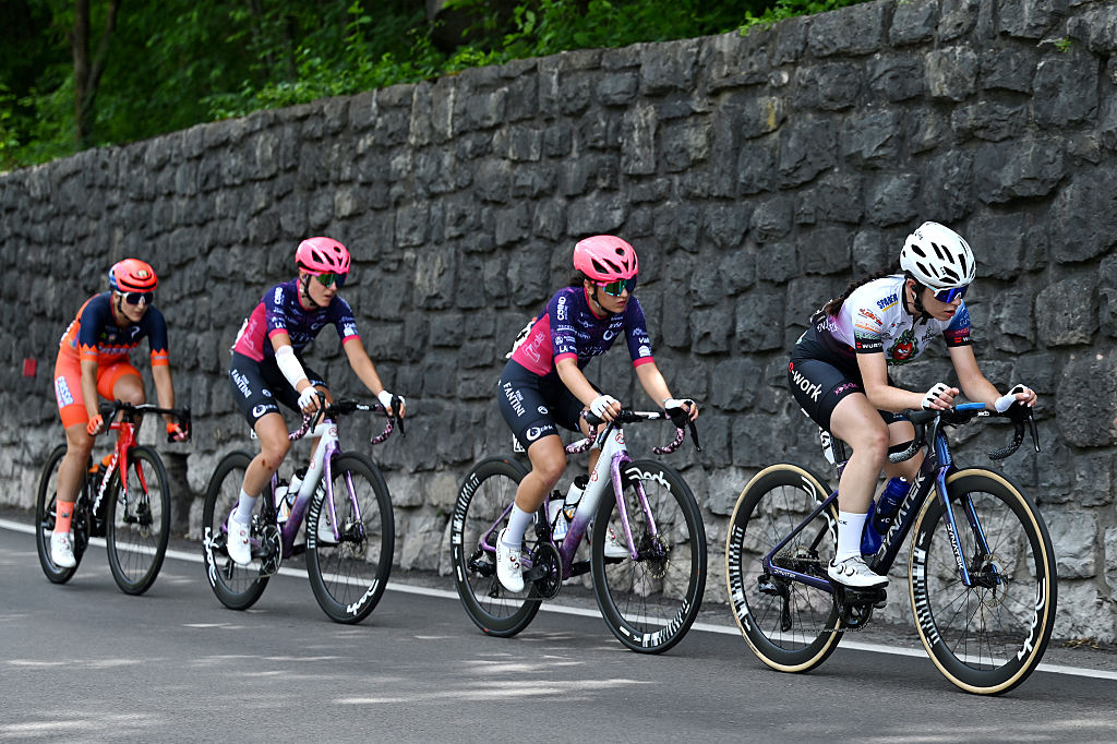 The breakaway during the stage 6 of the 2026 Giro d'Italia Women, a 160km stage from Ala to Brescello on June 04, 2026. (Photo by Luc Claessen/Getty Images)