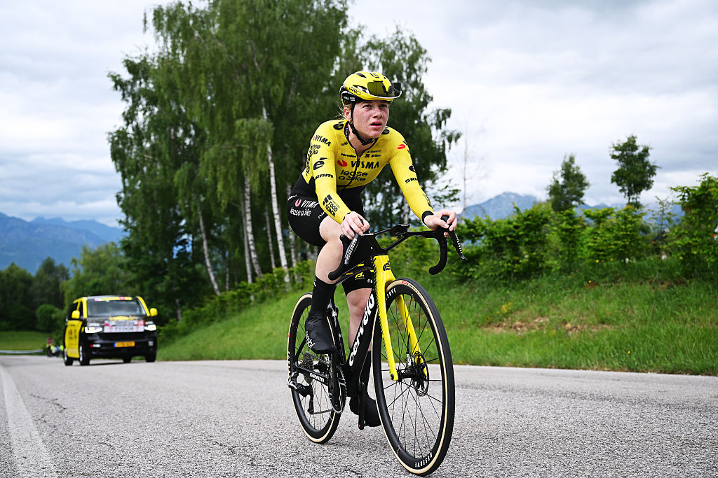 Nienke Veenhoven (Visma | Lease a Bike) during stage 4 of the 2026 Giro d'Italia Women 2026, a 12.7km individual time trial stage from Belluno to Nevegal. (Photo by Luc Claessen/Getty Images)