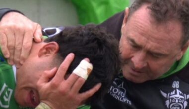 NRL star Savelio Tamale consoled by Canberra Raiders coach Ricky Stuart after being hooked during St George Illawara Dragons game