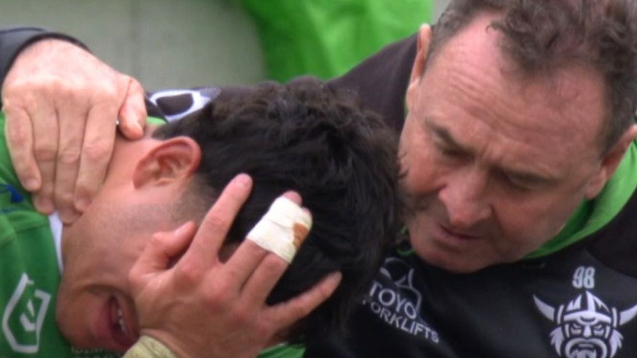 NRL star Savelio Tamale consoled by Canberra Raiders coach Ricky Stuart after being hooked during St George Illawara Dragons game