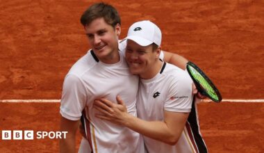 Harri Heliovaara of Finland and Henry Patten of Great Britain celebrate winning match point against Quentin Halys and Pierre-Hugues Herbert of France