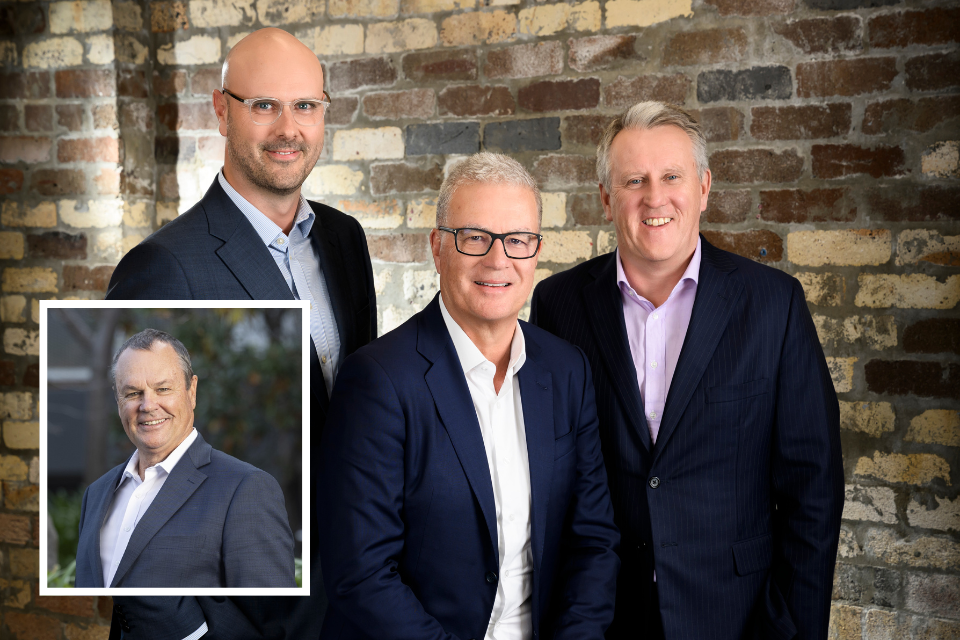(Left to right) Industry veterans Luc Maasdorp, John Meacock and Peter Forrester lead Centerstone Capital, an Australian venture capital powerhouse that just acquired the majority ownership of Canberra consultancy firm Synergy Group. Inset, Synergy Group chief growth officer and co-founder Rob Kennedy
