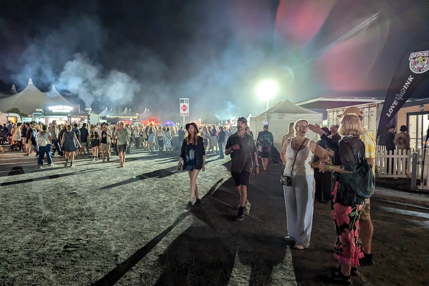 festival at night. people walking around with marquees and lights.