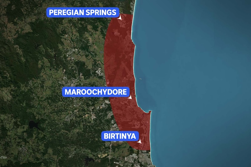 A map of part of the Sunshine Coast, with three towns marked.