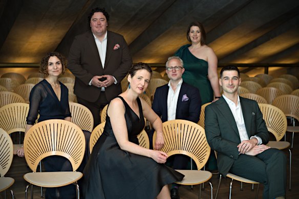 Song Company performers (from left): Jessica O’Donoghue, Andrew O’Connor, Susannah Lawergren, Timothy Reynolds, Amy Moore and Hayden Barrington.