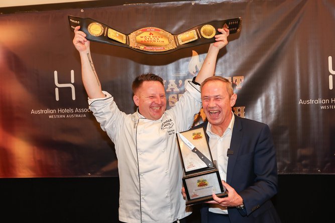 Premier Roger Cook announces the winner David Brown of Exchange Hotel, Pinjarra.