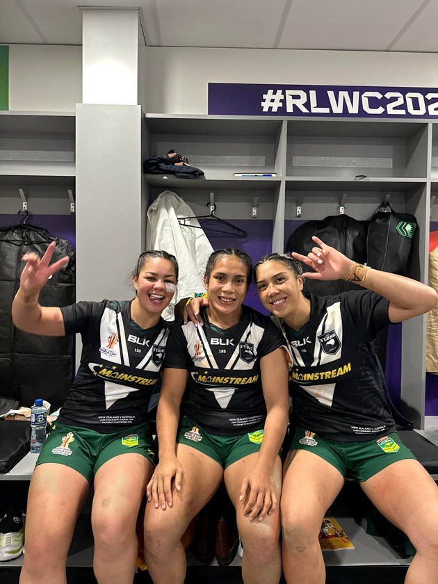 Kennedy Cherrington (left) and Shannon Mato (right), with Simaima Taufa, swapped jerseys with Kiwi Ferns players after the RLWC2021 final but have now put their hand up to play for New Zealand. 