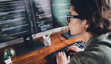 Female software programmer working at a computer.