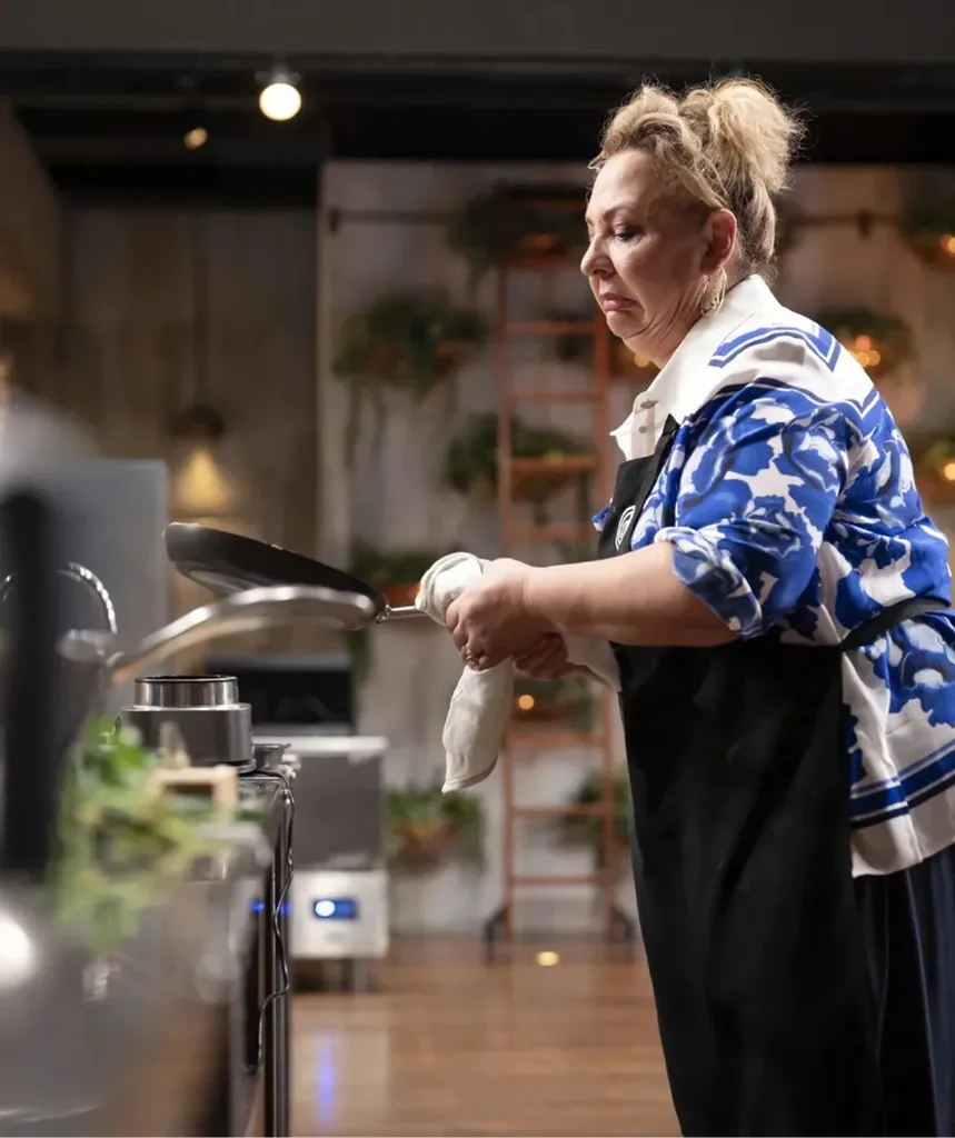 Lydia plates her elimination onion tart in the MasterChef kitchen and it falls to pieces.